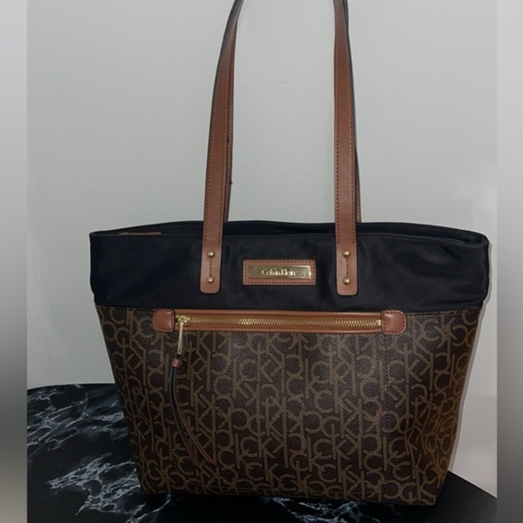 CALVIN KLEIN Handbag Black Brown CK Logo Allover Print Tote Satchel AUTHENTIC - Picture 1 of 11